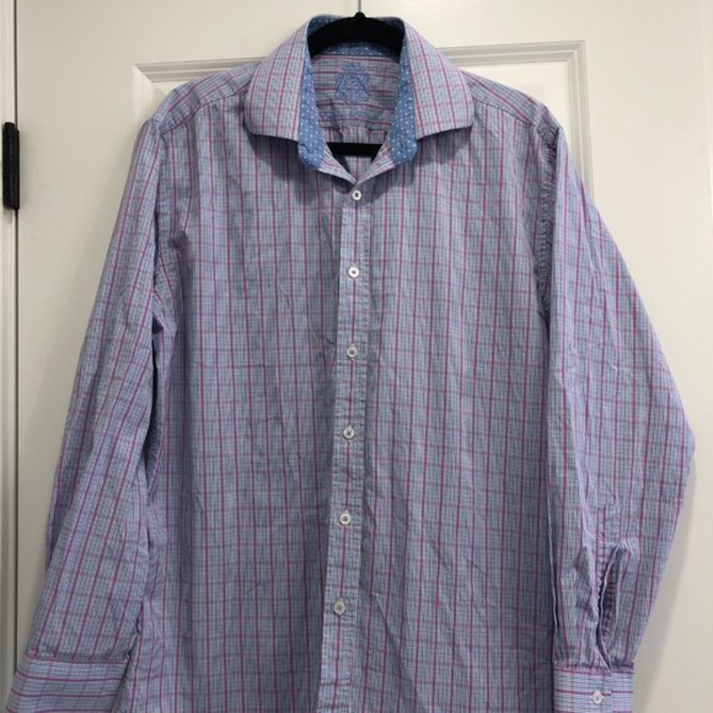 English Laundry Men's Button Up Shirt Large Striped Blue and Pink